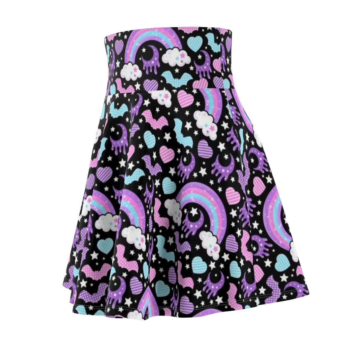 Rainbow Spooky Bats Black High Waist Skater Skirt