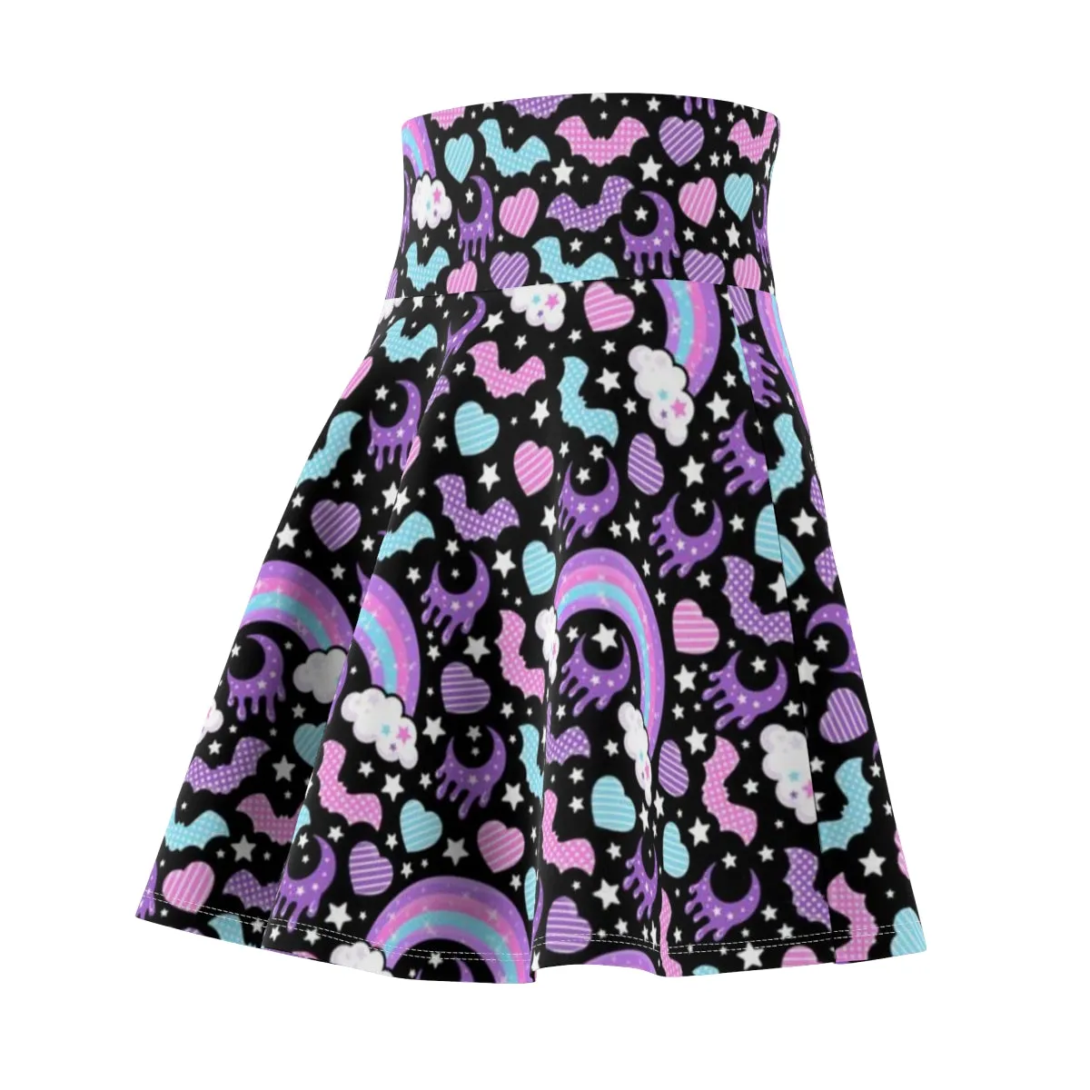 Rainbow Spooky Bats Black High Waist Skater Skirt