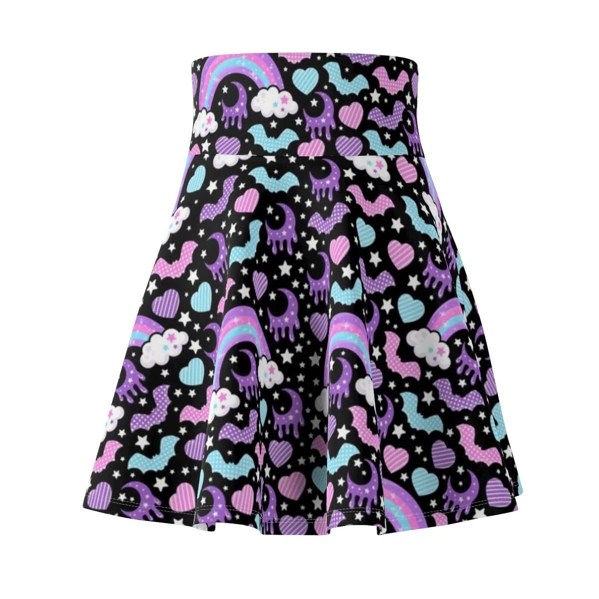 Rainbow Spooky Bats Black High Waist Skater Skirt