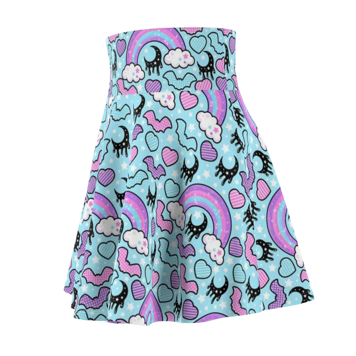 Rainbow Spooky Bats Blue High Waist Skater Skirt