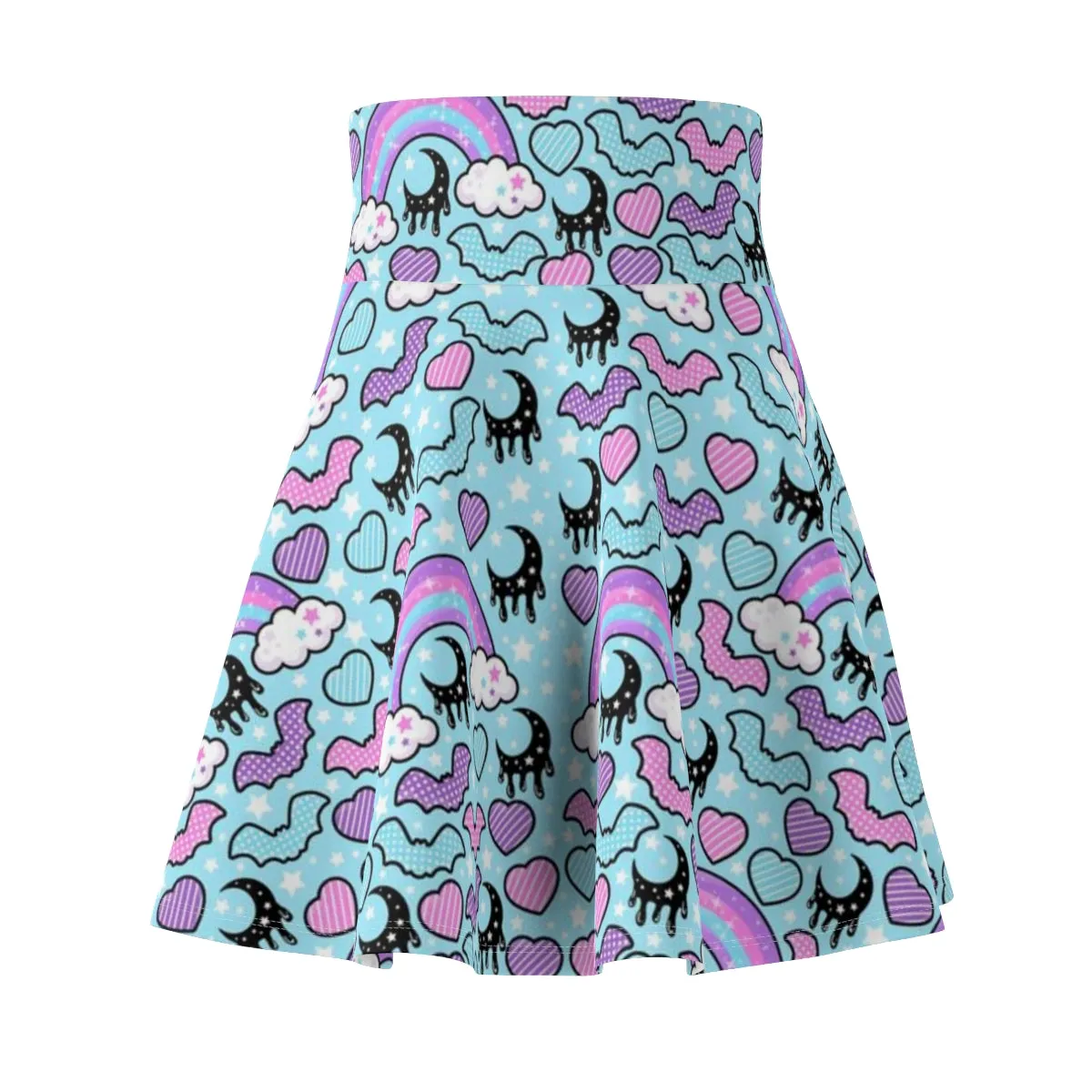 Rainbow Spooky Bats Blue High Waist Skater Skirt