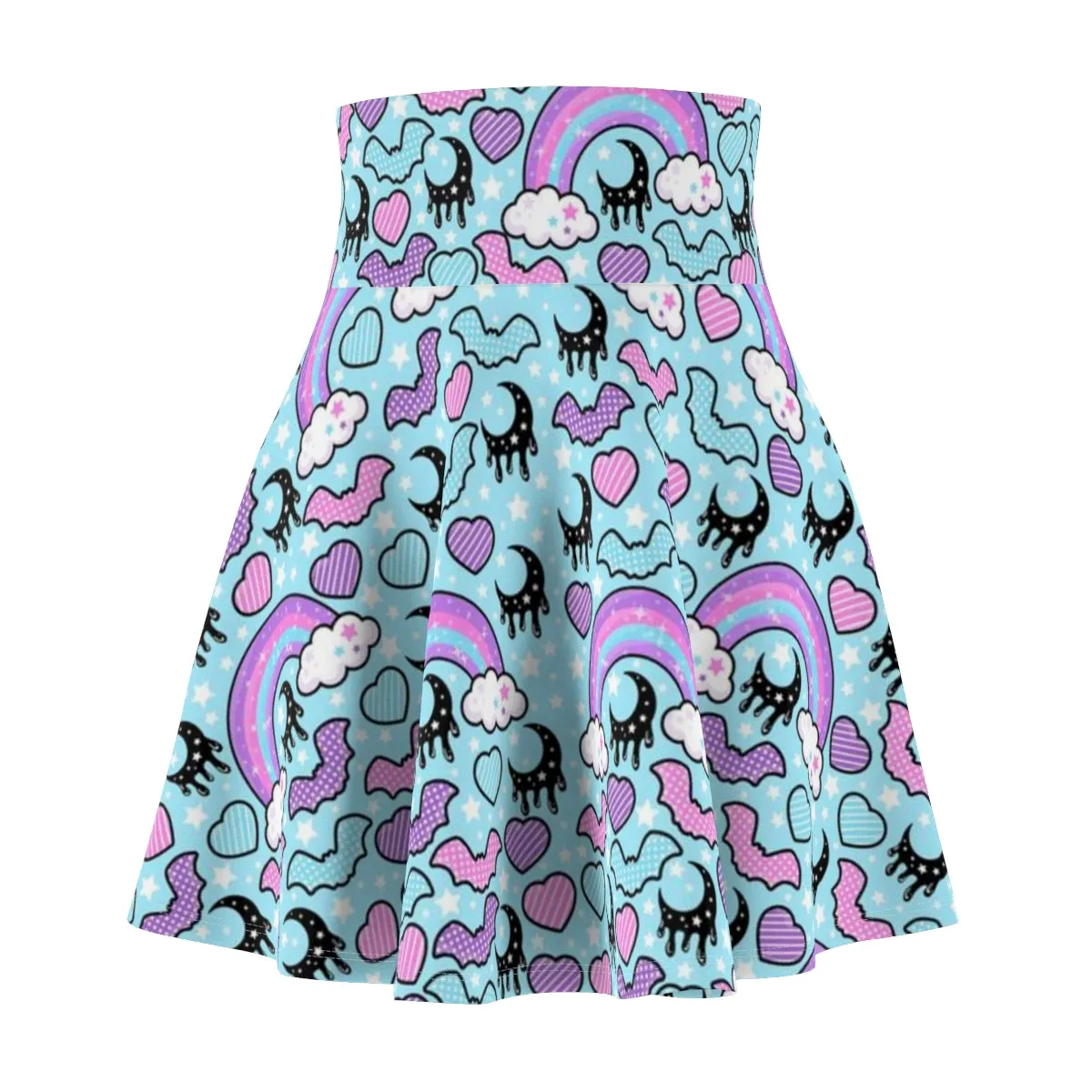 Rainbow Spooky Bats Blue High Waist Skater Skirt