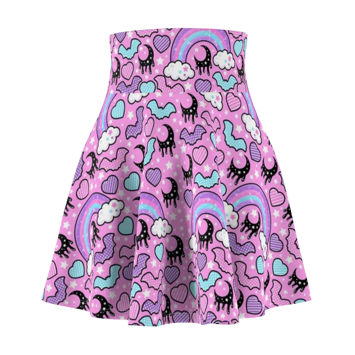 Rainbow Spooky Bats Pink High Waist Skater Skirt