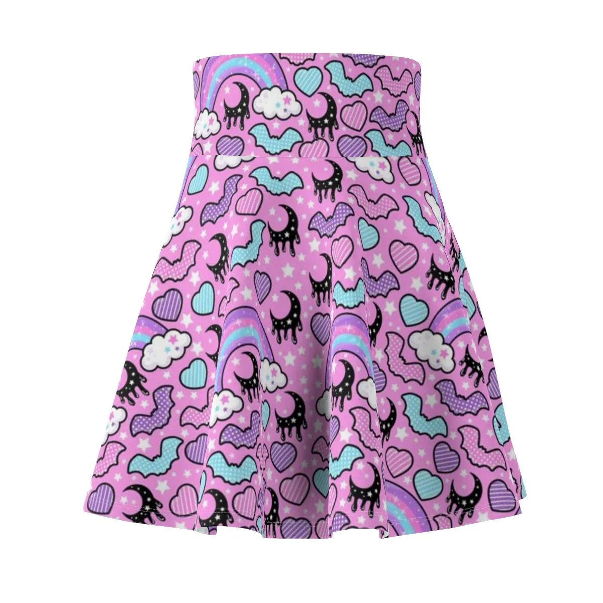 Rainbow Spooky Bats Pink High Waist Skater Skirt