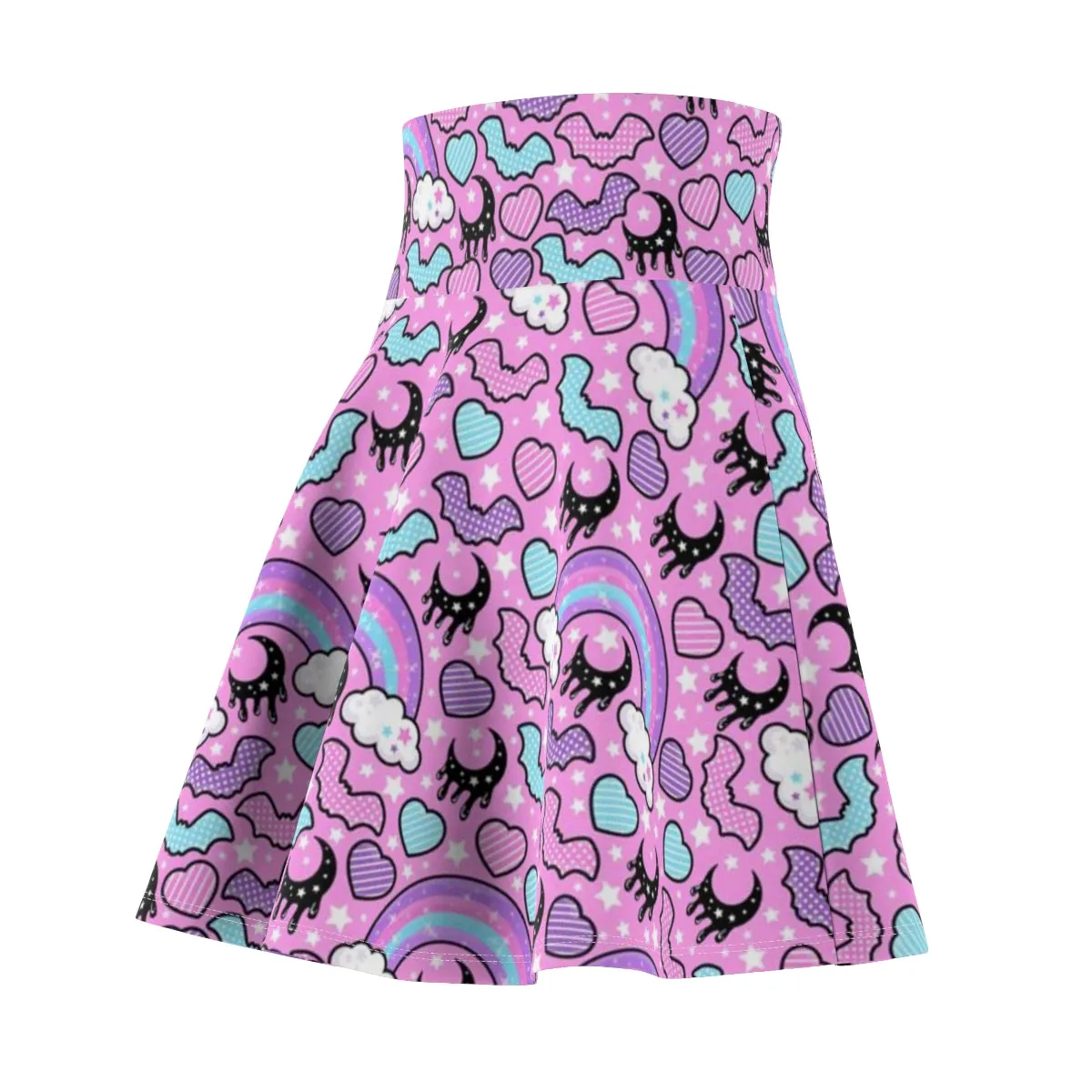 Rainbow Spooky Bats Pink High Waist Skater Skirt