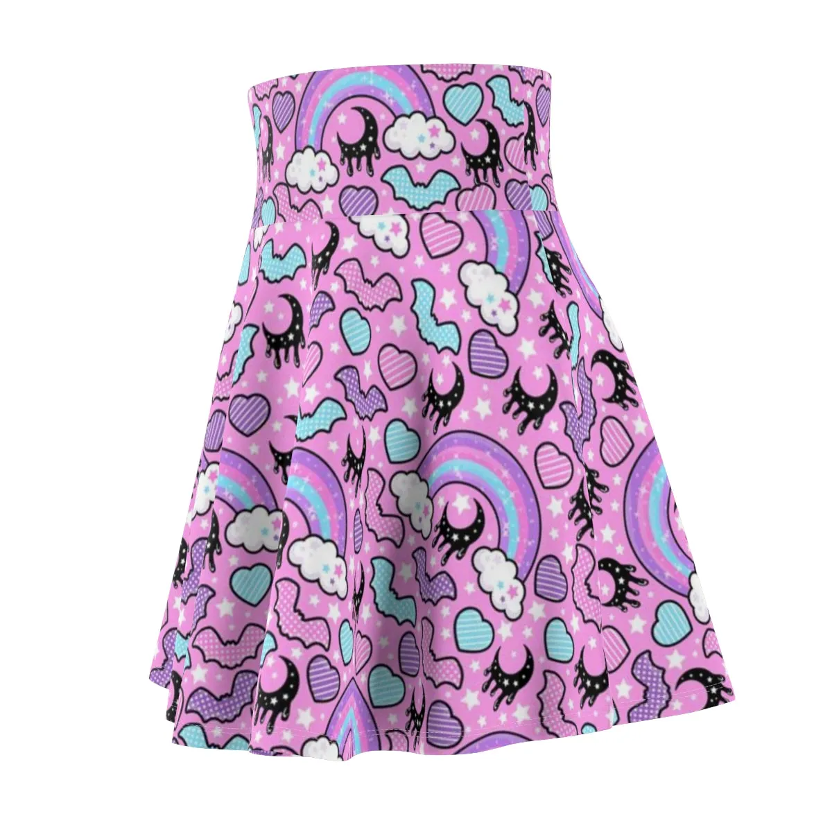 Rainbow Spooky Bats Pink High Waist Skater Skirt