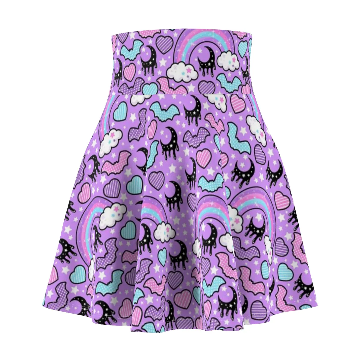 Rainbow Spooky Bats Purple High Waist Skater Skirt