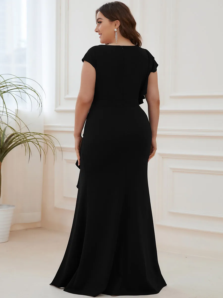 Ruffled Asymmetrical Front Slit Floor-Length Knit Evening Dress