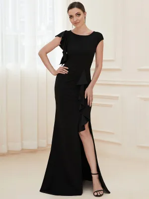 Ruffled Asymmetrical Front Slit Floor-Length Knit Evening Dress