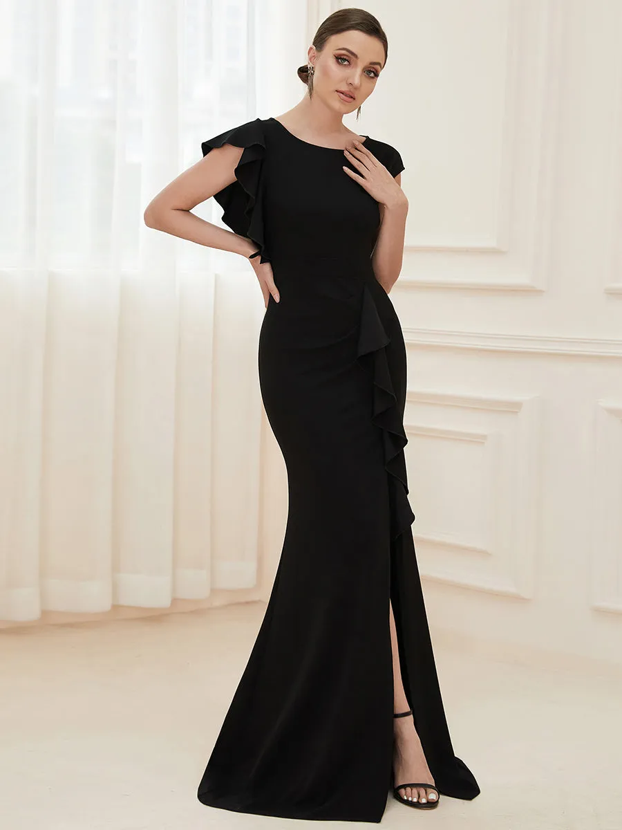 Ruffled Asymmetrical Front Slit Floor-Length Knit Evening Dress