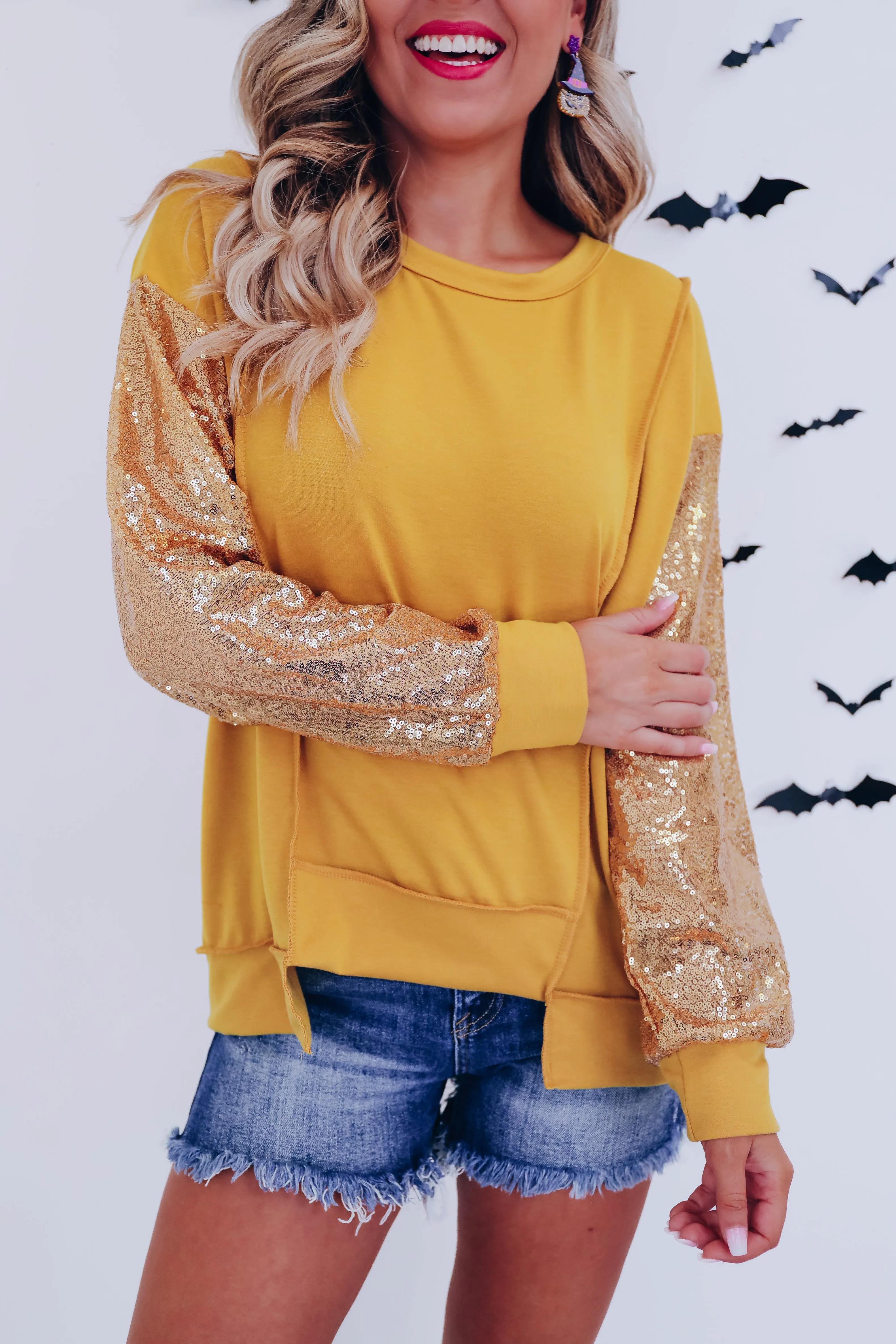 Ruthie Reverse Seam Sequin Top - Mustard