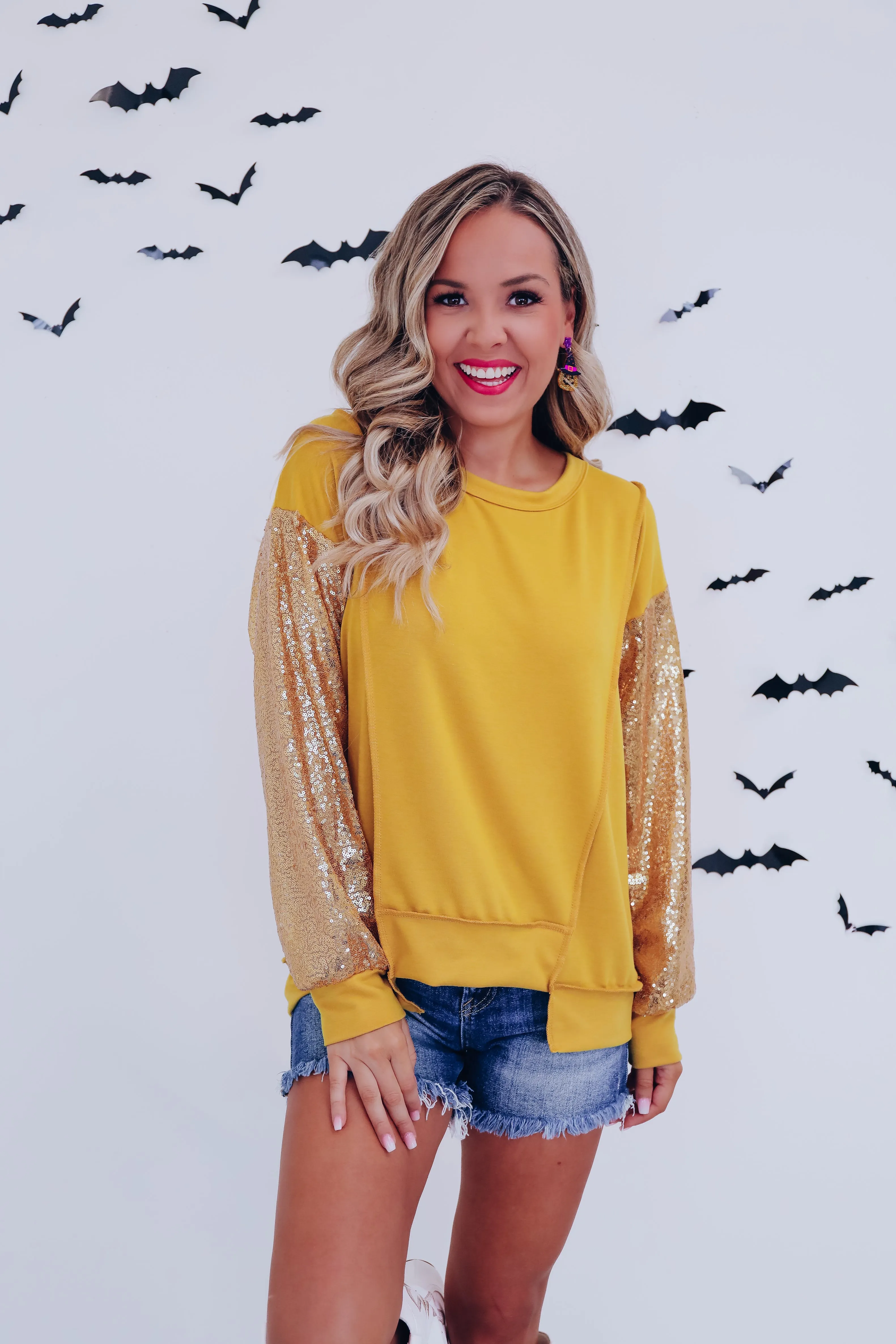 Ruthie Reverse Seam Sequin Top - Mustard