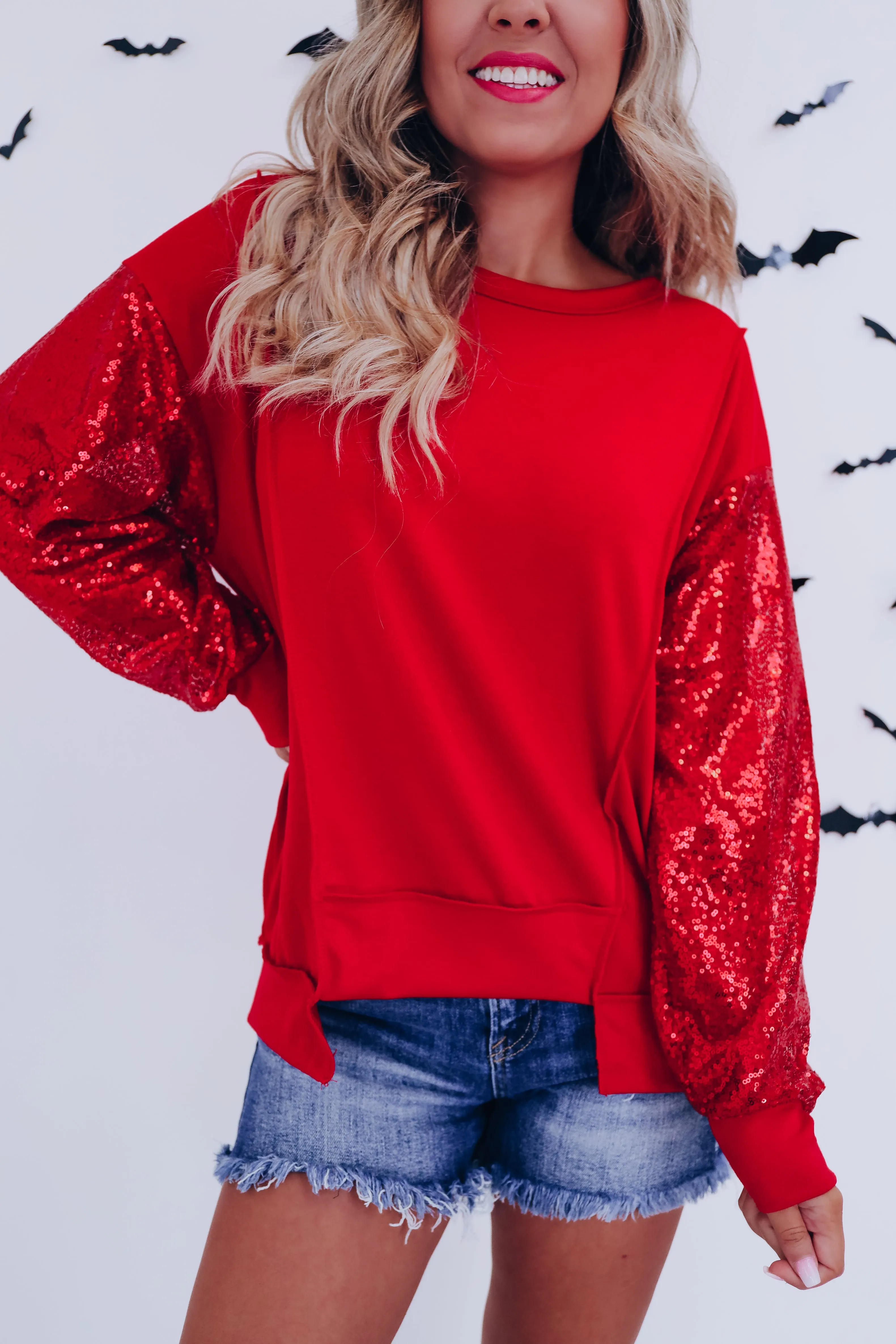 Ruthie Reverse Seam Sequin Top - Red