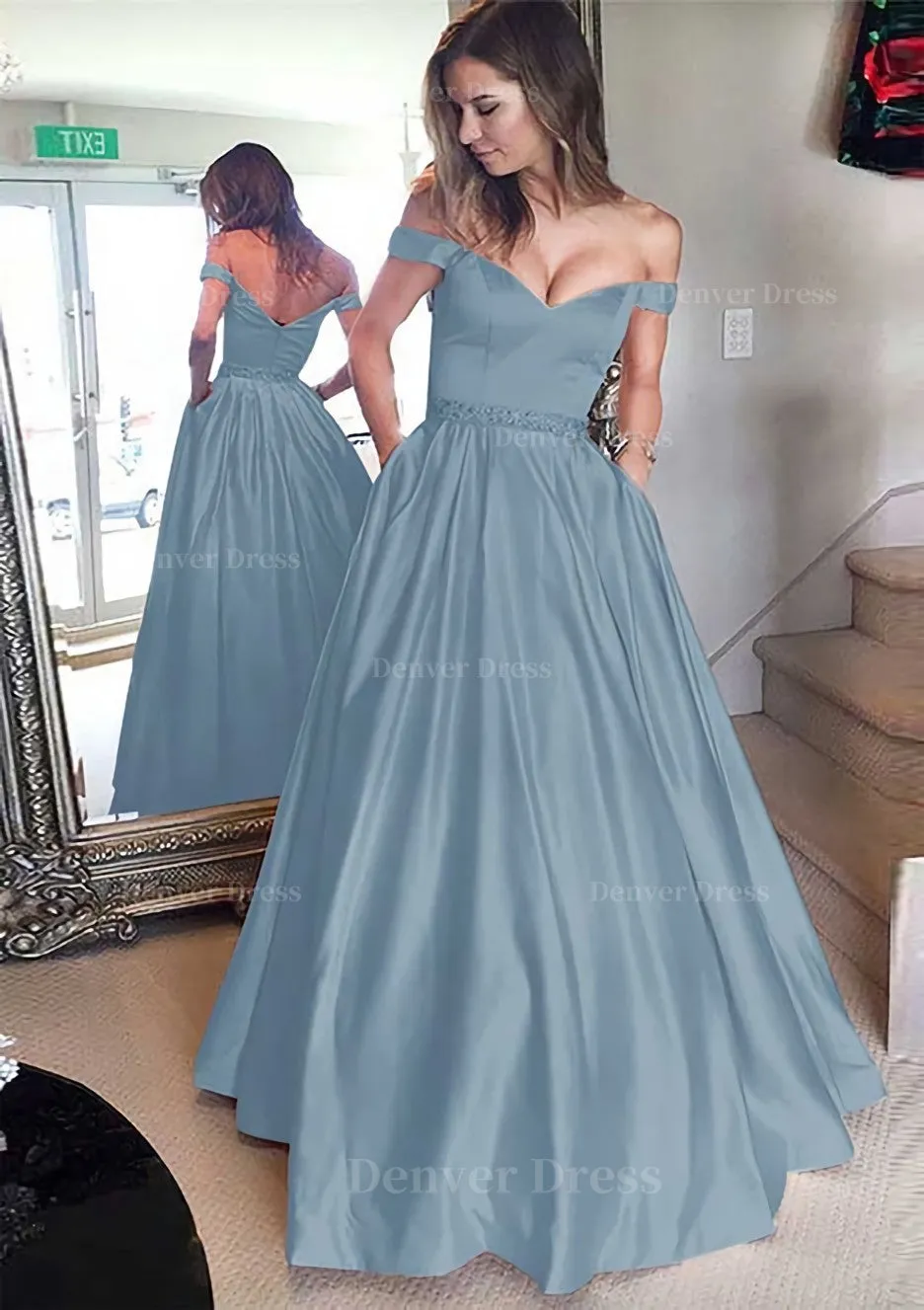 Satin Prom Dress A-Line/Princess Off-The-Shoulder Long/Floor-Length With Beaded