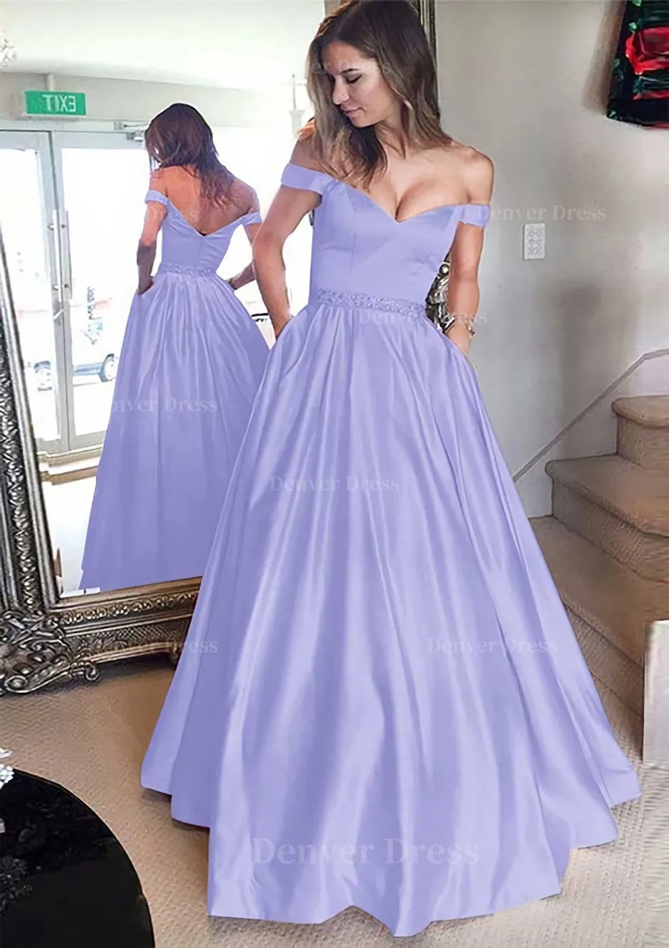 Satin Prom Dress A-Line/Princess Off-The-Shoulder Long/Floor-Length With Beaded