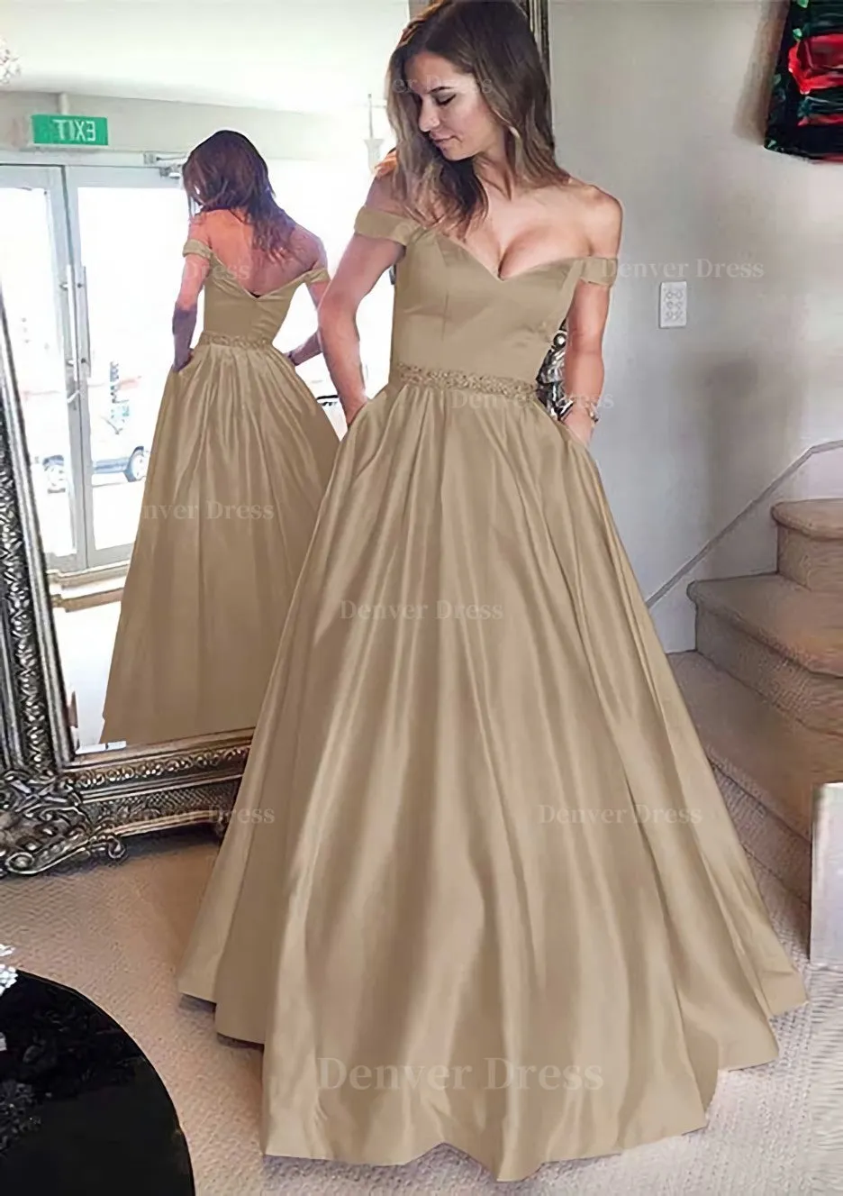 Satin Prom Dress A-Line/Princess Off-The-Shoulder Long/Floor-Length With Beaded