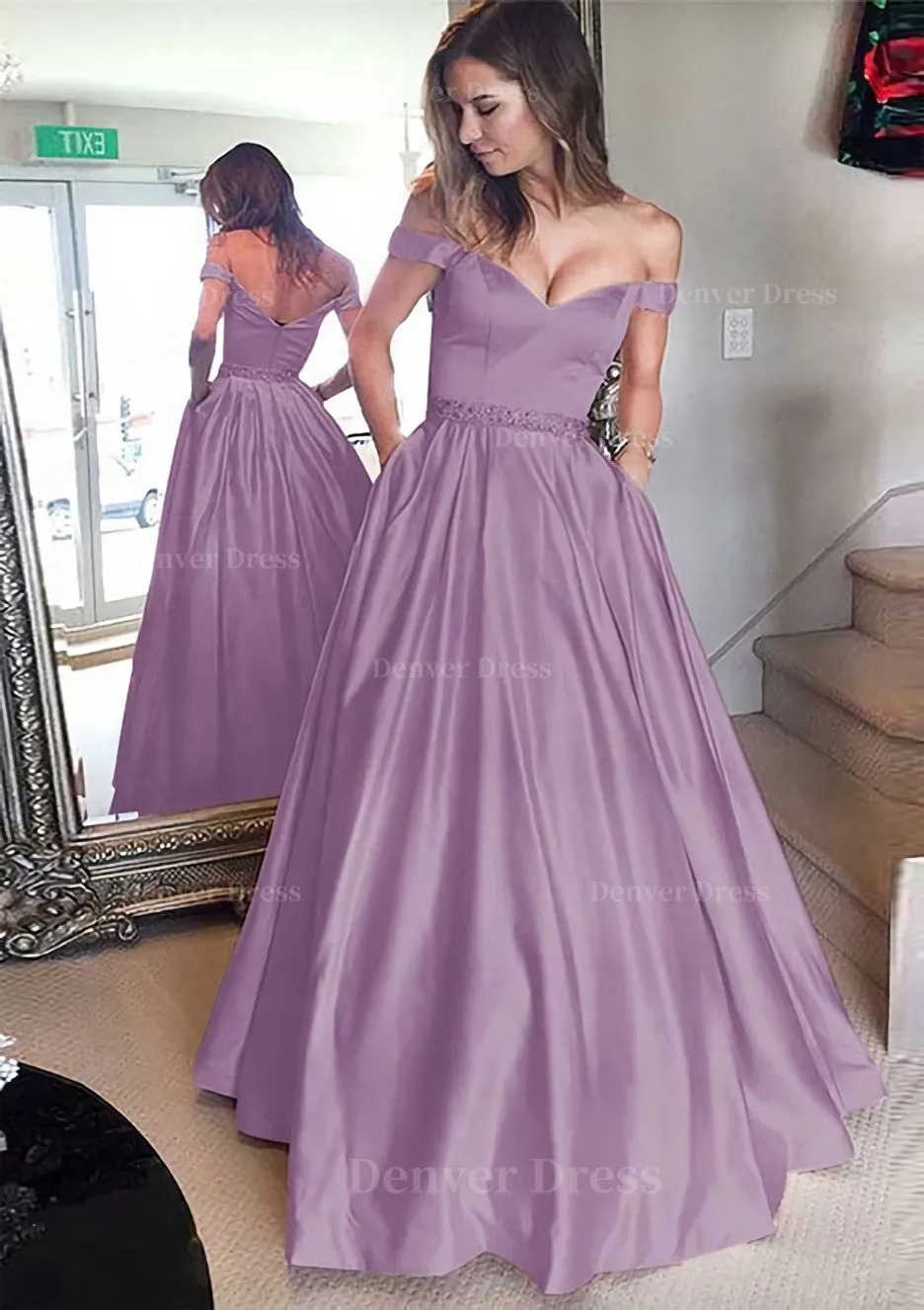 Satin Prom Dress A-Line/Princess Off-The-Shoulder Long/Floor-Length With Beaded