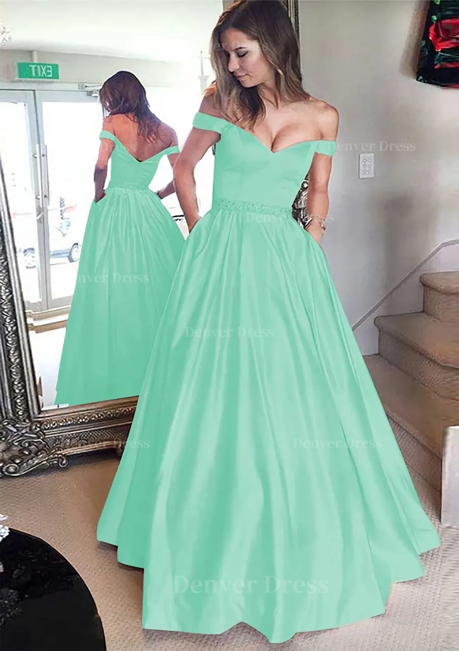 Satin Prom Dress A-Line/Princess Off-The-Shoulder Long/Floor-Length With Beaded