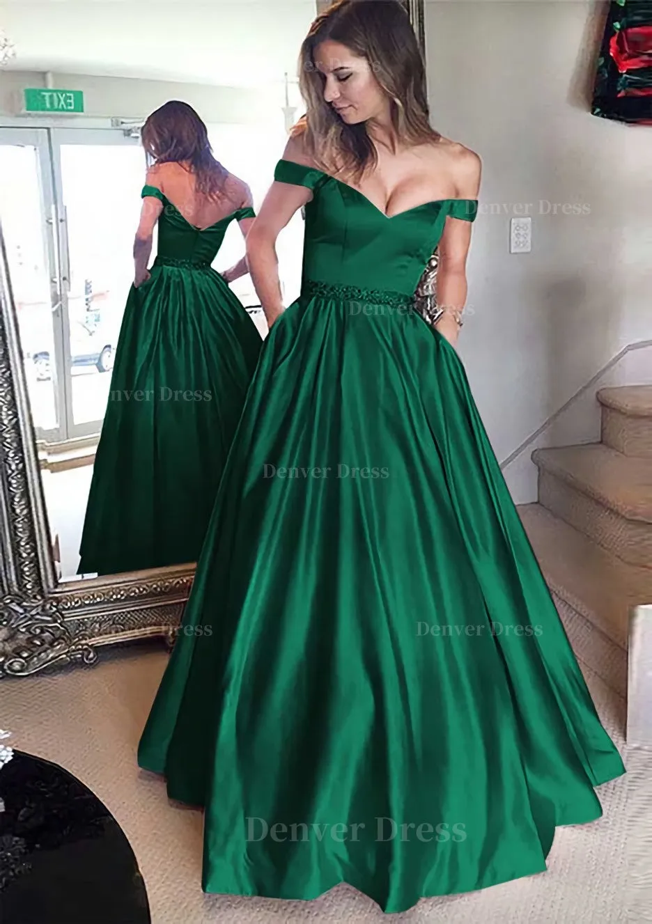 Satin Prom Dress A-Line/Princess Off-The-Shoulder Long/Floor-Length With Beaded