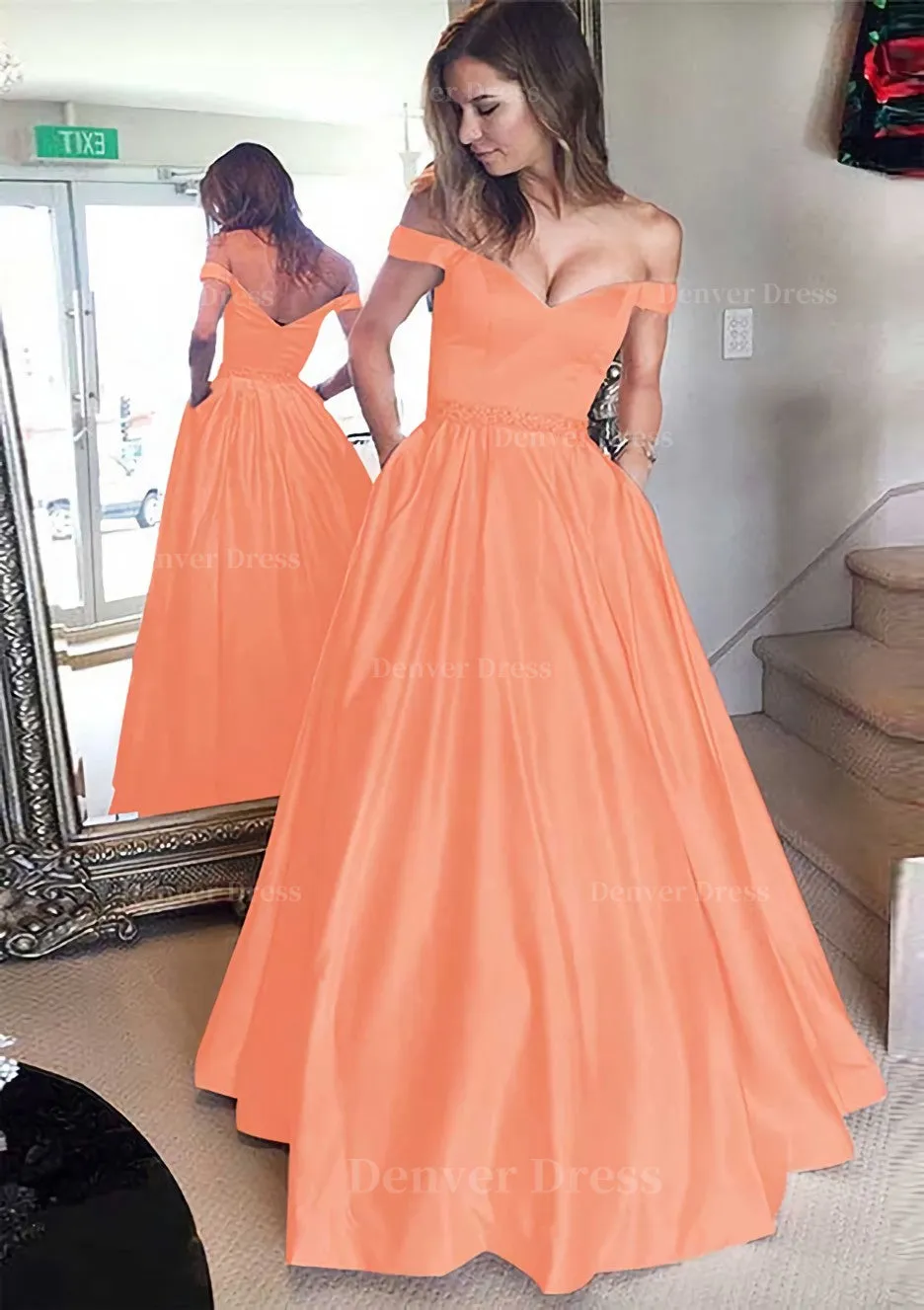 Satin Prom Dress A-Line/Princess Off-The-Shoulder Long/Floor-Length With Beaded