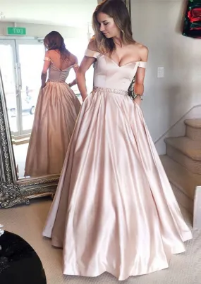 Satin Prom Dress A-Line/Princess Off-The-Shoulder Long/Floor-Length With Beaded