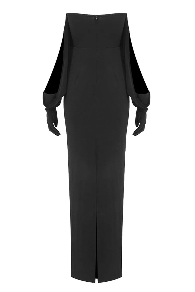 Sexy Diva Deep V Gloved Draped Sleeve Strapless Jersey Evening Maxi Dress - Black