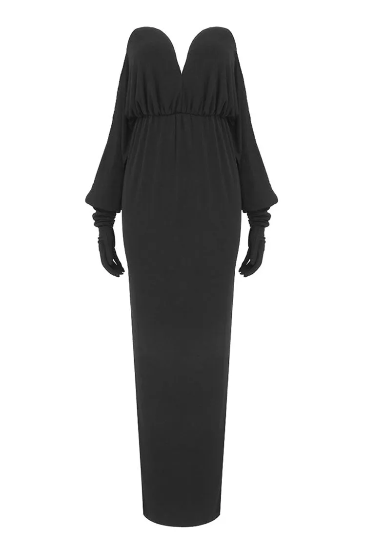 Sexy Diva Deep V Gloved Draped Sleeve Strapless Jersey Evening Maxi Dress - Black