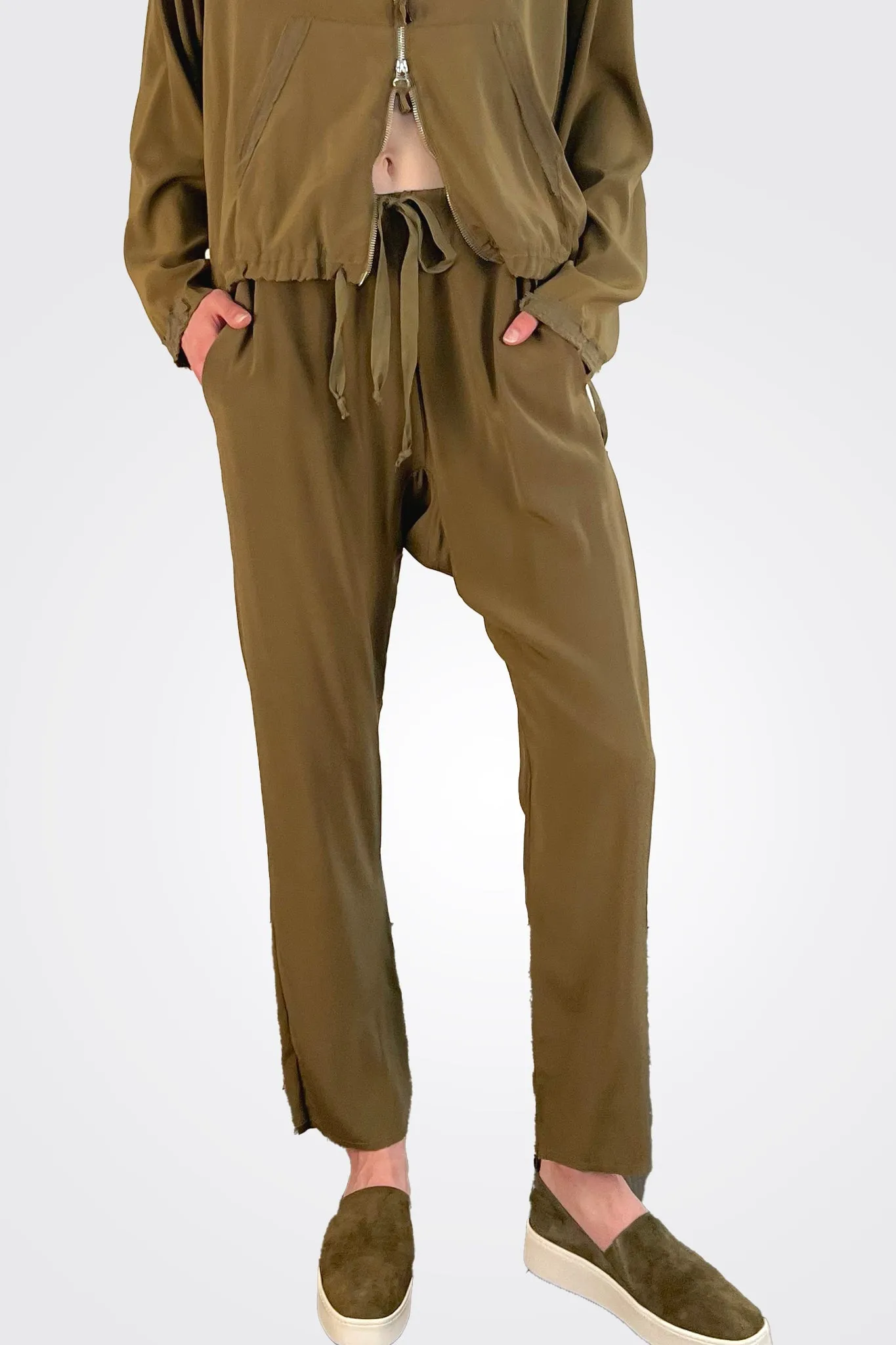 Silk Drawstring Pants - Khaki