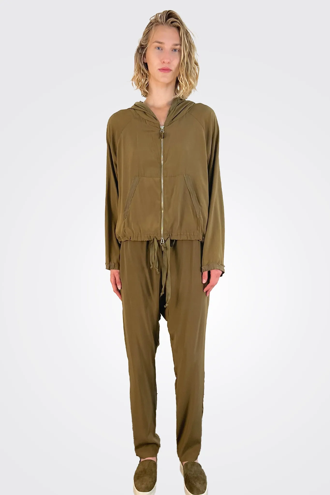 Silk Drawstring Pants - Khaki