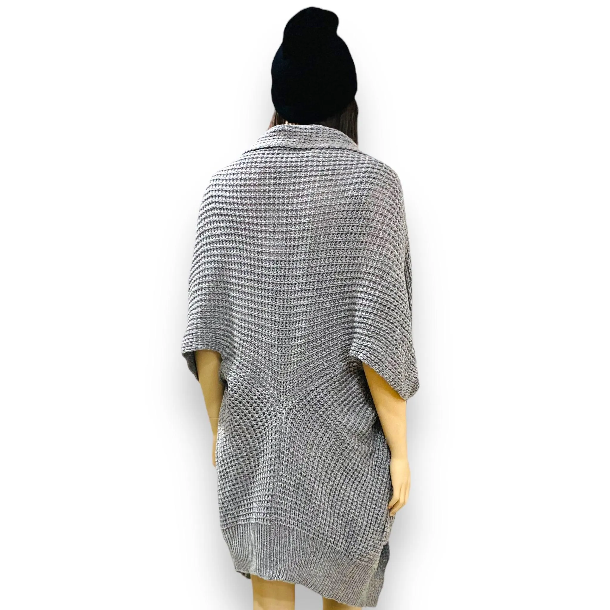 Silver-Gray Short-Sleeved Mid Length Cardigan