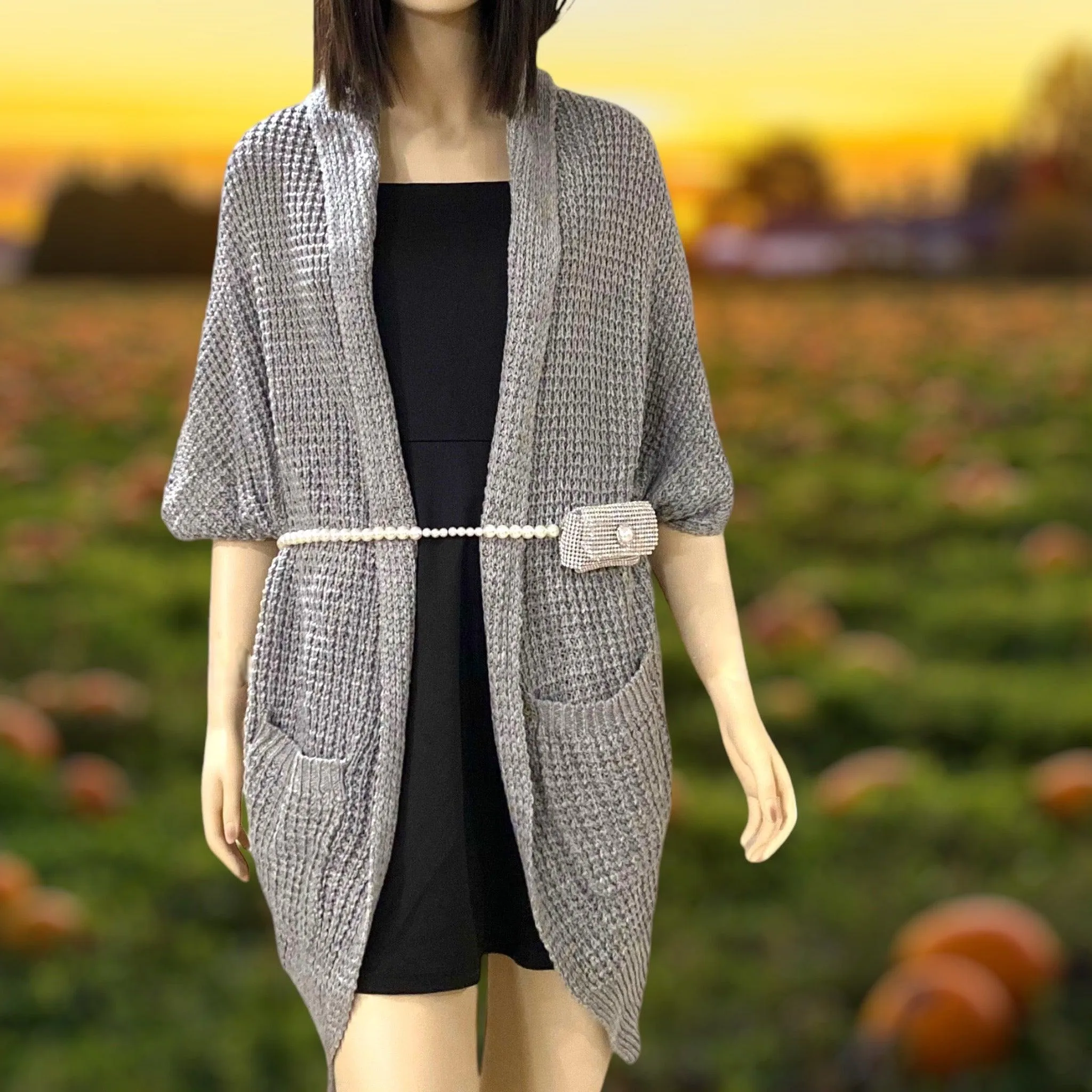 Silver-Gray Short-Sleeved Mid Length Cardigan