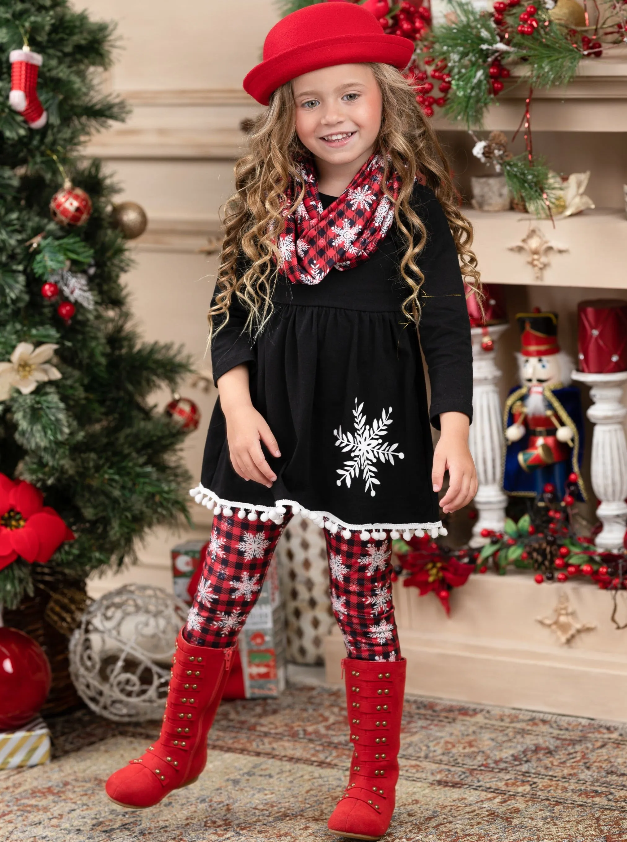 Snowflakes And Squares Tunic, Scarf, And Legging Set