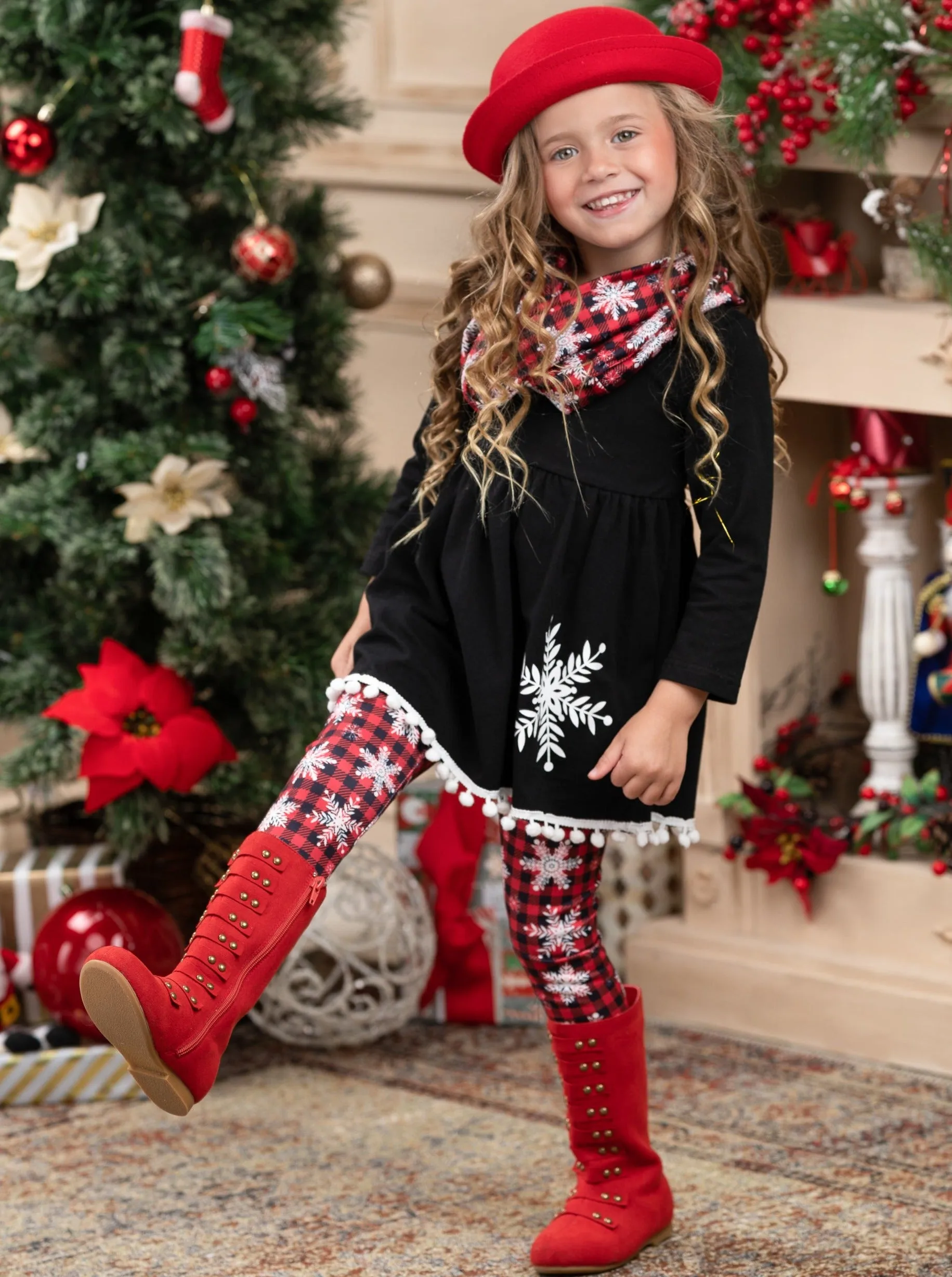 Snowflakes And Squares Tunic, Scarf, And Legging Set