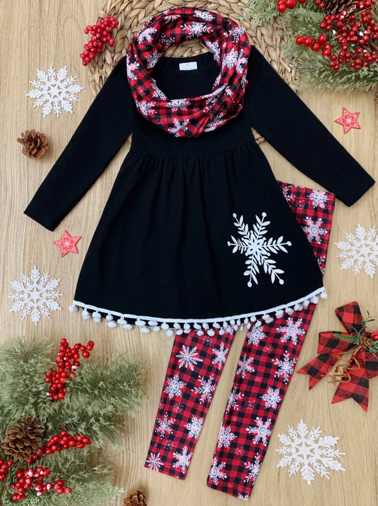 Snowflakes And Squares Tunic, Scarf, And Legging Set