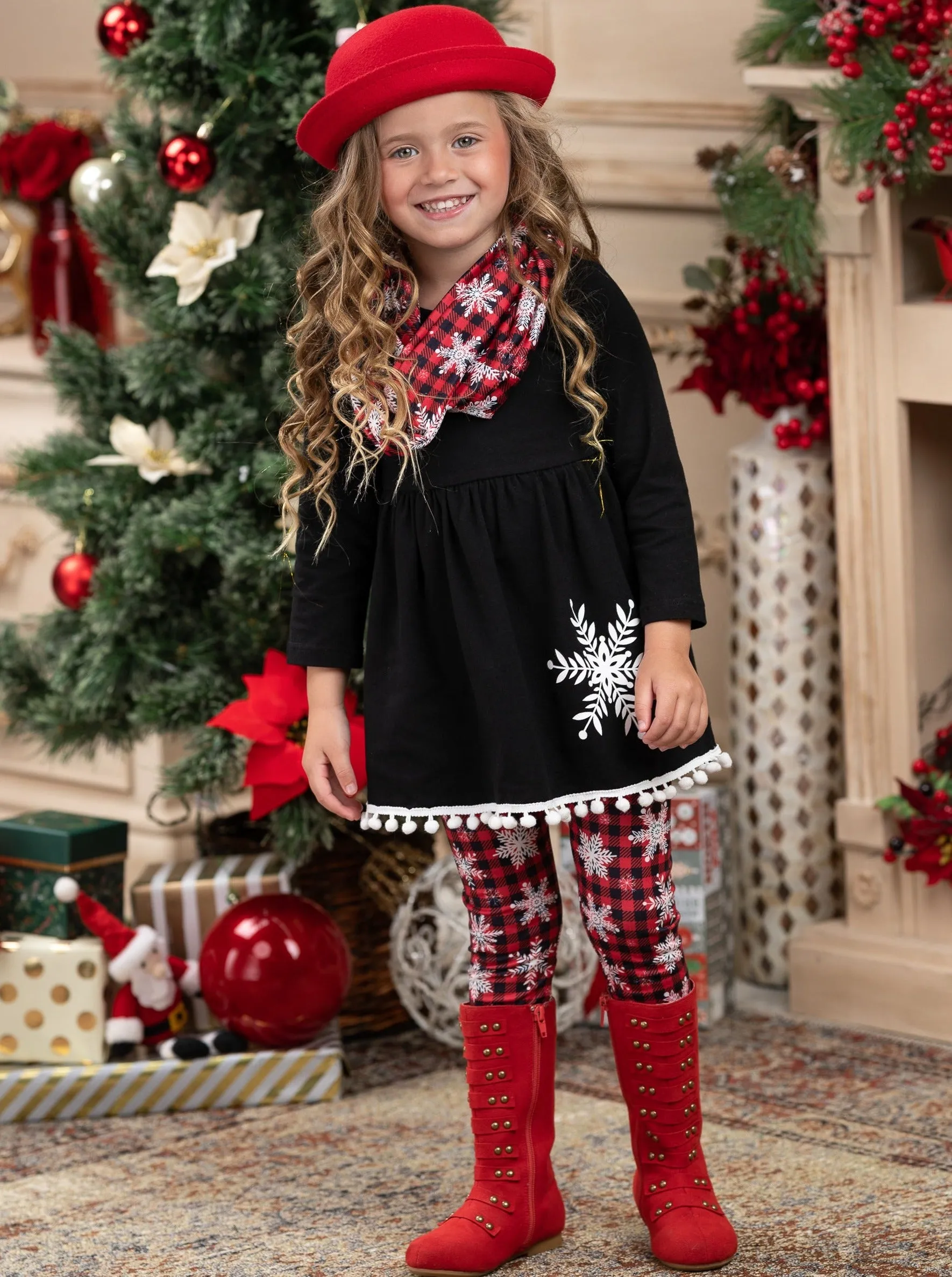 Snowflakes And Squares Tunic, Scarf, And Legging Set