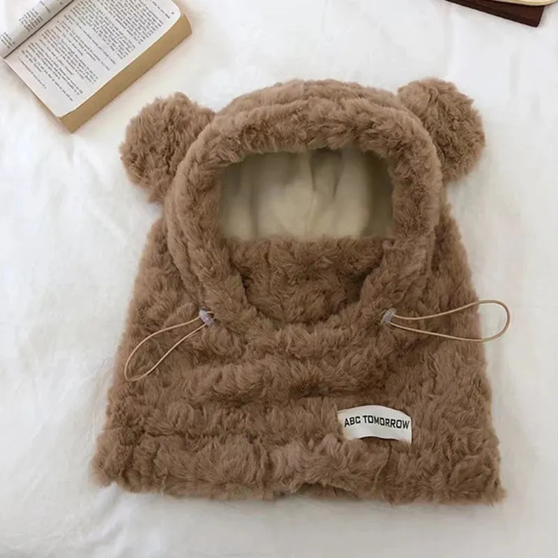 Sohiwoo Plush Cute Bear Beanies Hats For Women Winter Thicken Warm Neck&Face Scarf Hood Bib Balaclava Skullies Hat Men Hooded Cap Bonnet