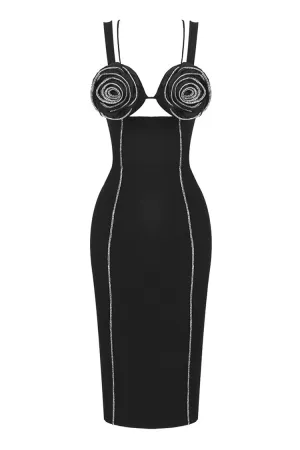 Sparkly Crystal Rosette Sleeveless Bodycon Badnage Cocktail Party Midi Dress