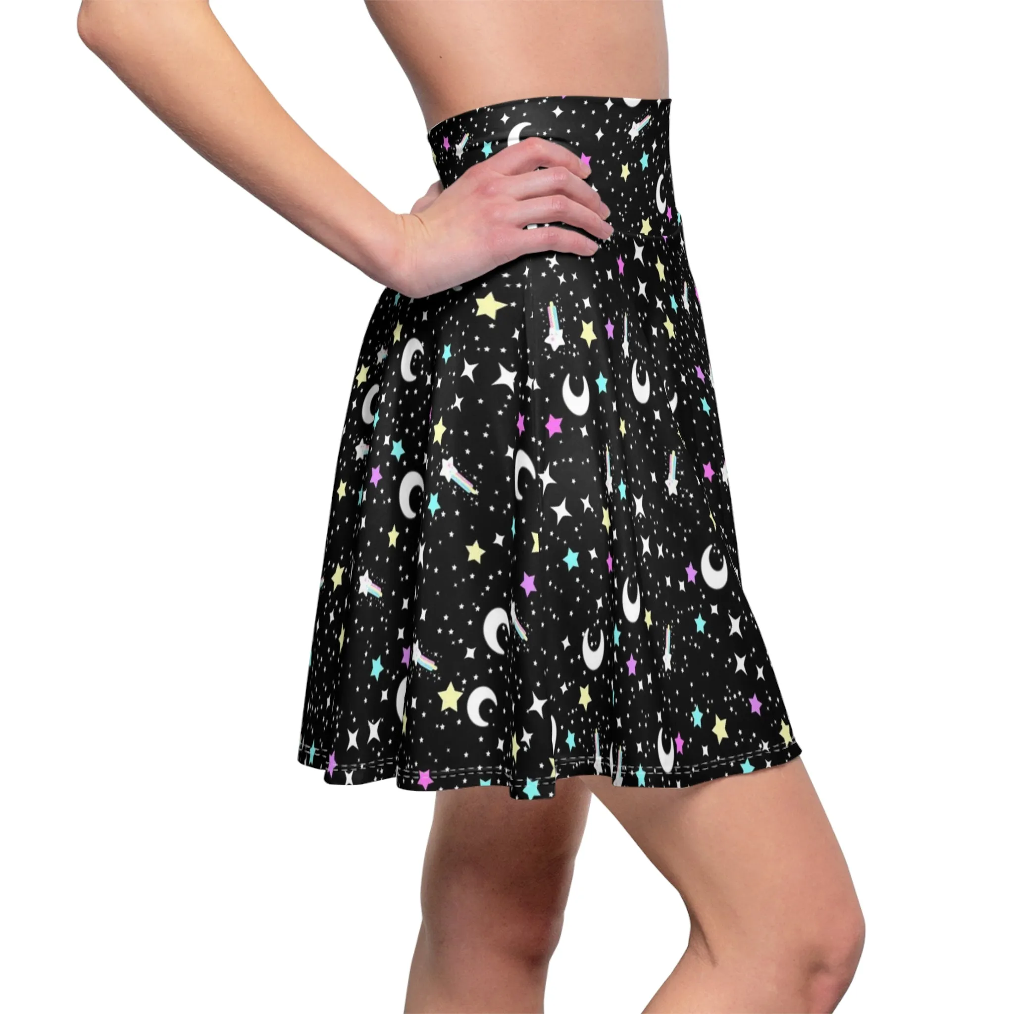 Starry Glitter Black High Waist Skater Skirt