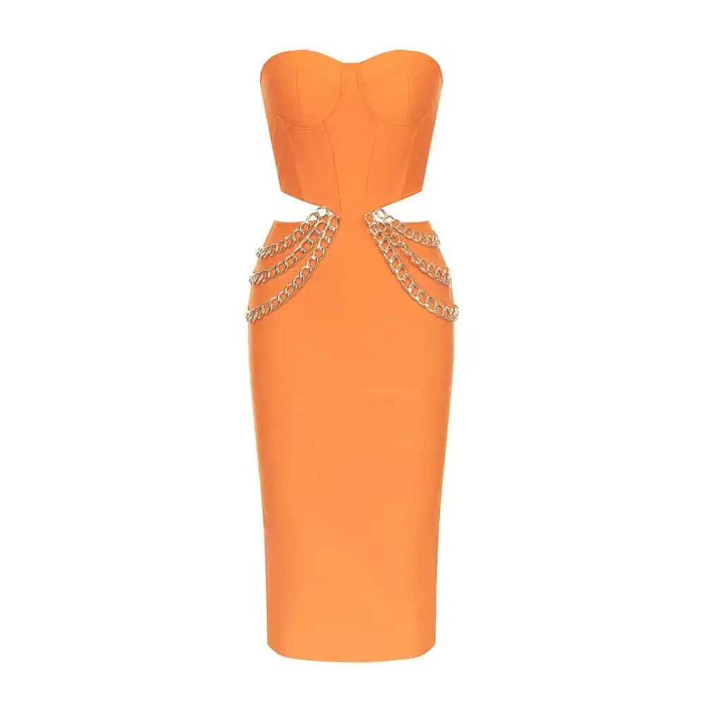 Strapless Cutout Chain Detail Bandage Dress