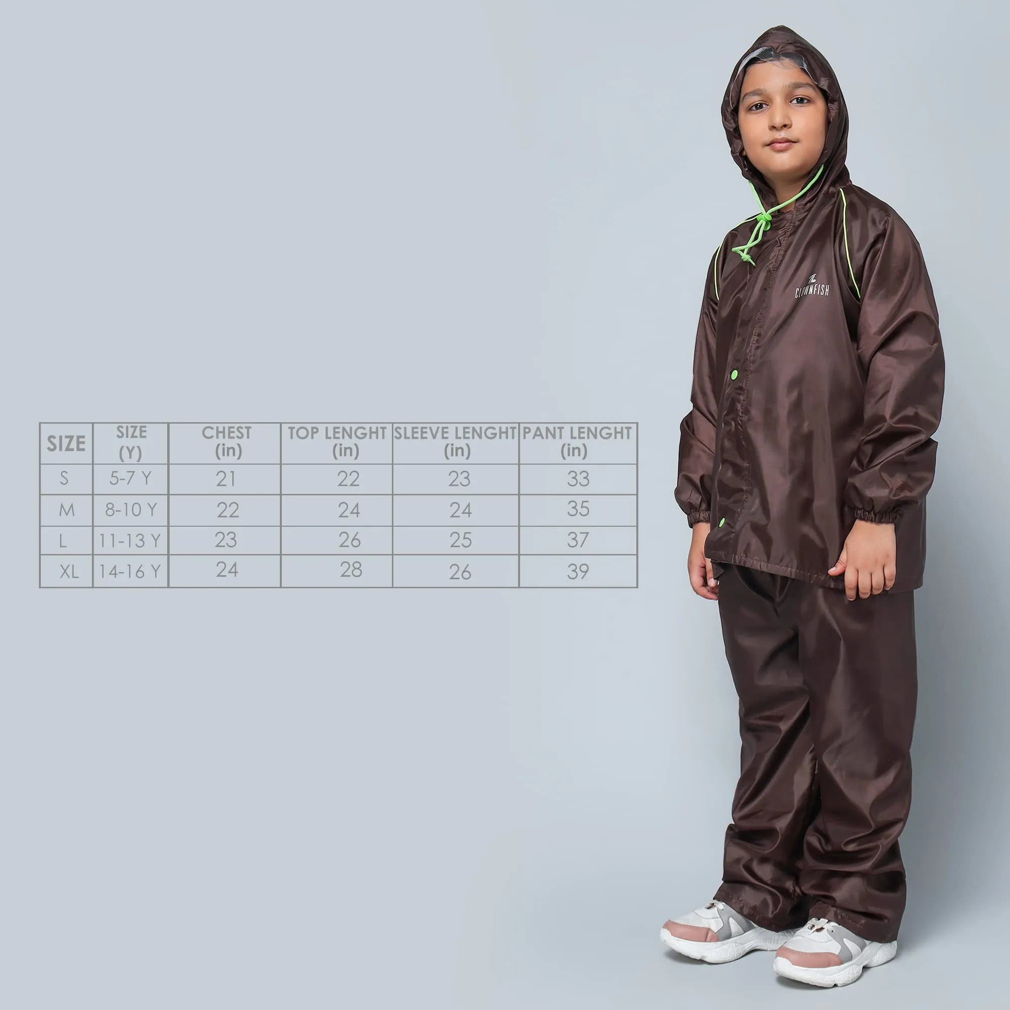 STRAUSS THE CLOWNFISH Duke Series Kid's Waterproof Polyester Double Coating Reversible Standard Length Raincoat With Hood & Reflector Logo At Back, Top & Bottom Printed Pouch, 5-7 Years (Brown)