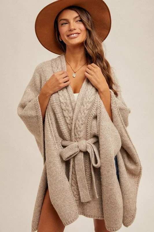 Taupe Multi Sweater Poncho With Belt