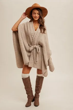 Taupe Multi Sweater Poncho With Belt