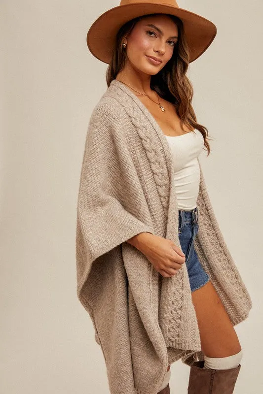 Taupe Multi Sweater Poncho With Belt