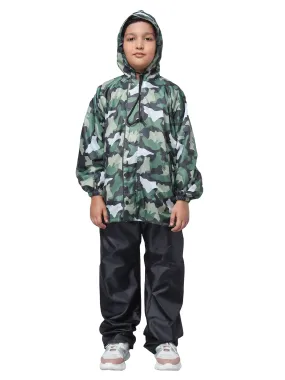 The Clownfish by STRAUSS Comrad Series Kids Waterproof Nylon Double Coating Reversible Raincoat with Hood and Reflector Logo at Back. Set of Top and Bottom. Printed Pouch.14-16 Years(Green Camo)