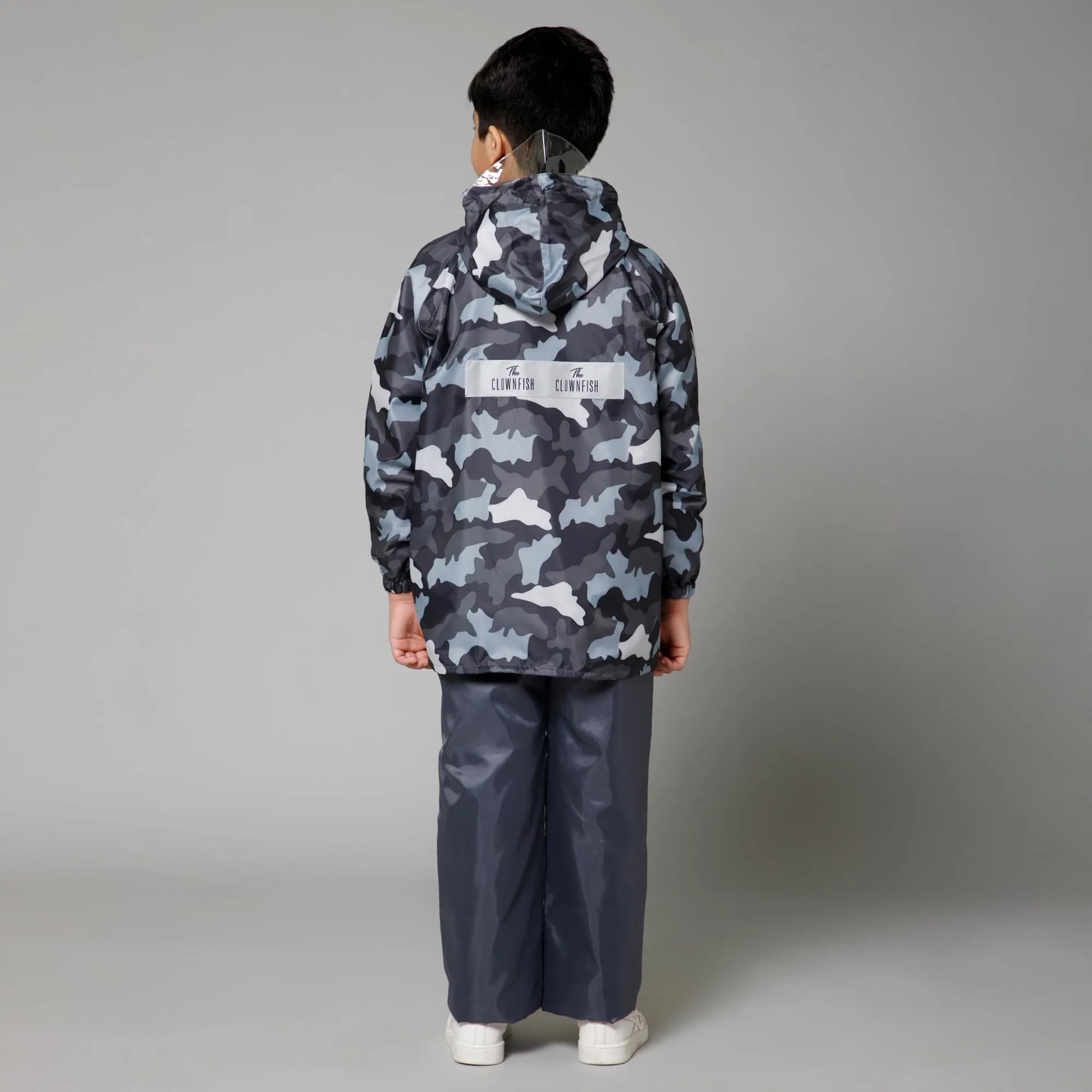 THE CLOWNFISH Comrad Series Kids Waterproof Nylon Double Coating Reversible Raincoat with Hood and Reflector Logo at Back. Set of Top and Bottom. Printed Plastic Pouch. Kid Age-14-16 years(Grey Camo)