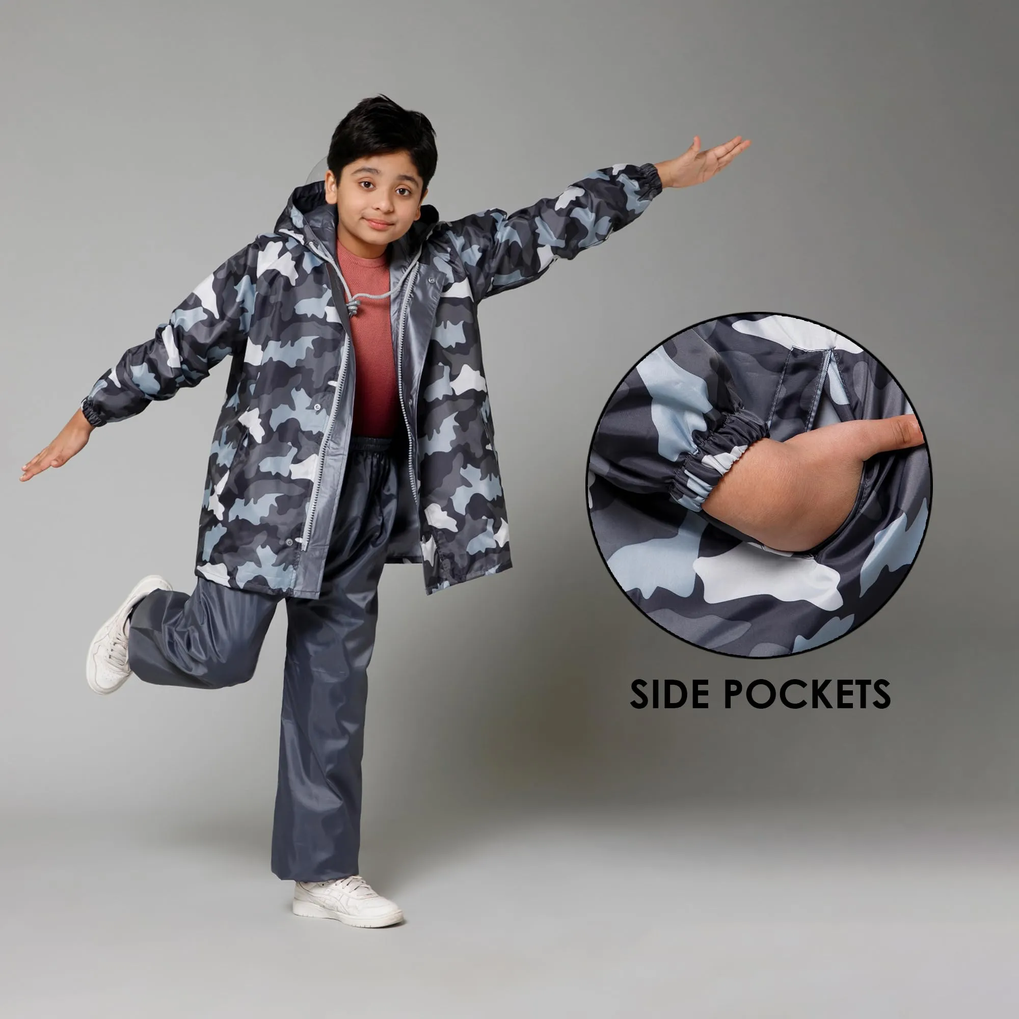 THE CLOWNFISH Comrad Series Kids Waterproof Nylon Double Coating Reversible Raincoat with Hood and Reflector Logo at Back. Set of Top and Bottom. Printed Plastic Pouch. Kid Age-14-16 years(Grey Camo)