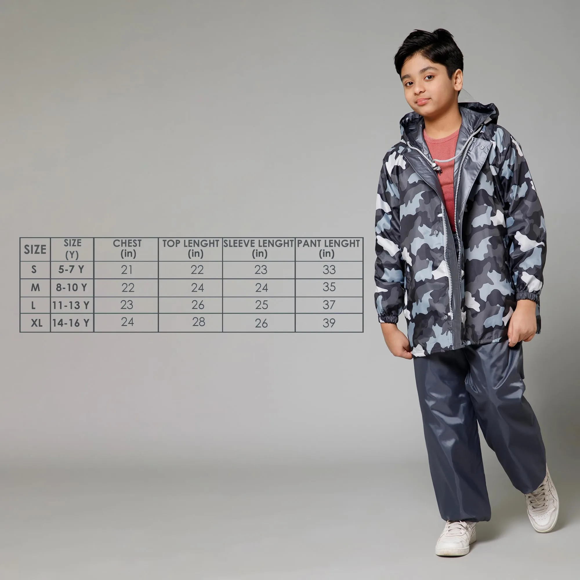 THE CLOWNFISH Comrad Series Kids Waterproof Nylon Double Coating Reversible Raincoat with Hood and Reflector Logo at Back. Set of Top and Bottom. Printed Plastic Pouch. Kid Age-14-16 years(Grey Camo)