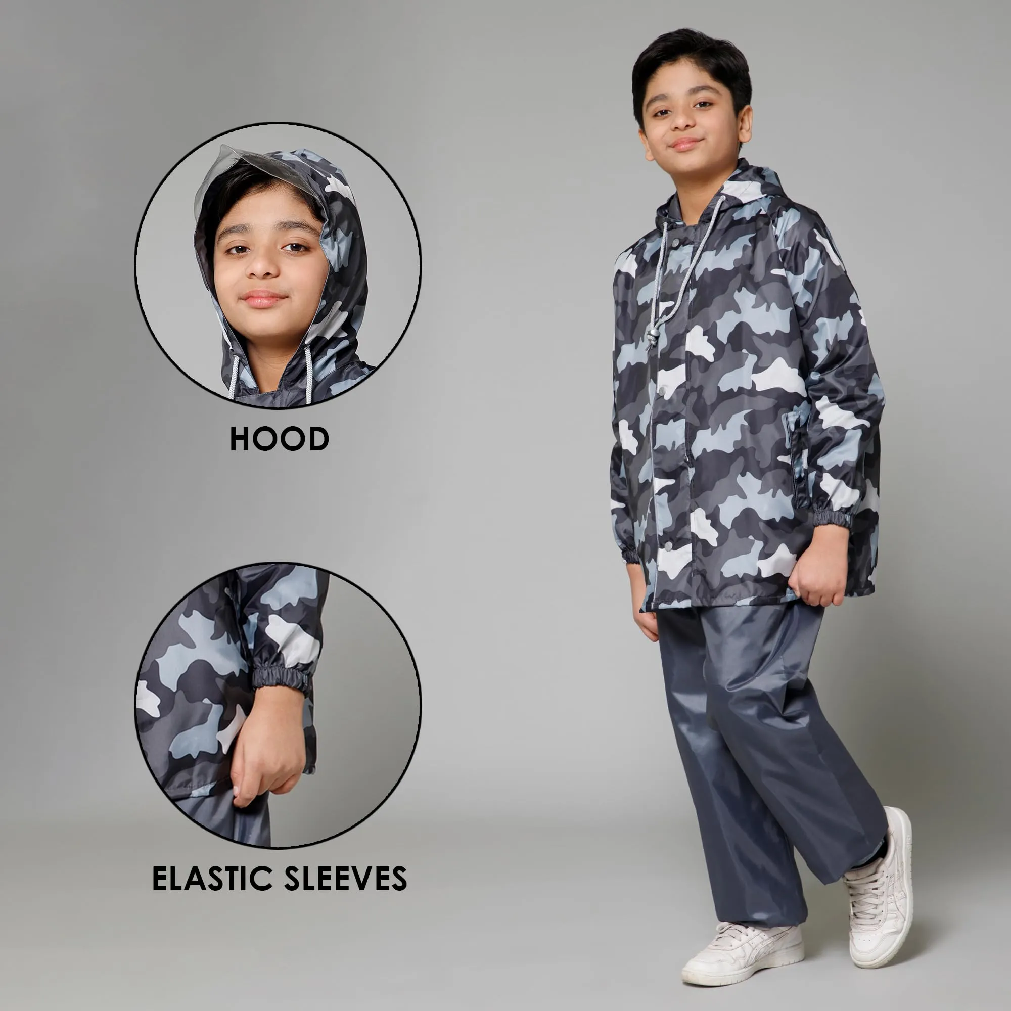 THE CLOWNFISH Comrad Series Kids Waterproof Nylon Double Coating Reversible Raincoat with Hood and Reflector Logo at Back. Set of Top and Bottom. Printed Plastic Pouch. Kid Age-14-16 years(Grey Camo)