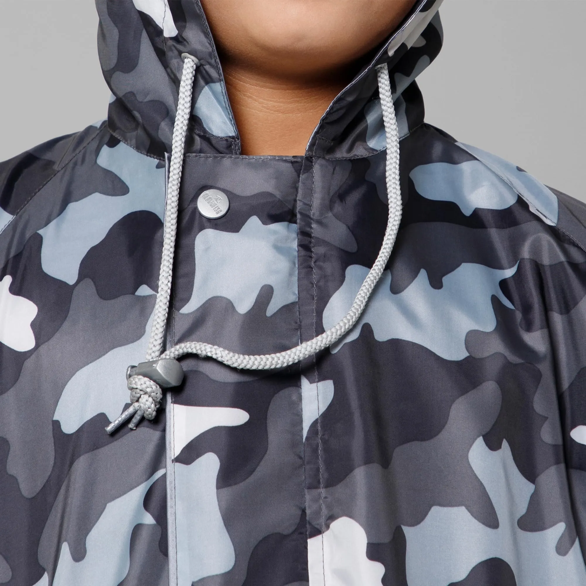 THE CLOWNFISH Comrad Series Kids Waterproof Nylon Double Coating Reversible Raincoat with Hood and Reflector Logo at Back. Set of Top and Bottom. Printed Plastic Pouch. Kid Age-14-16 years(Grey Camo)