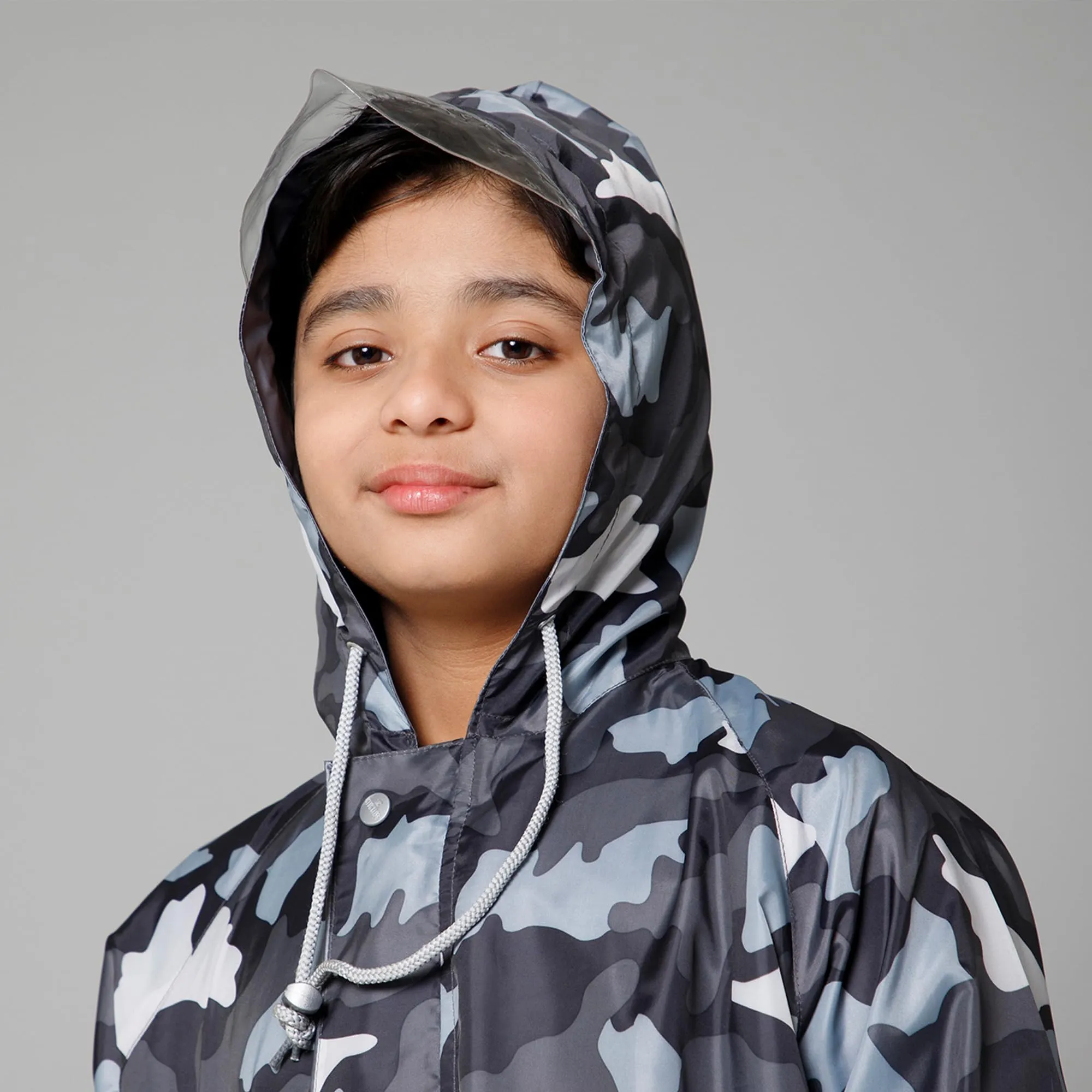 THE CLOWNFISH Comrad Series Kids Waterproof Nylon Double Coating Reversible Raincoat with Hood and Reflector Logo at Back. Set of Top and Bottom. Printed Plastic Pouch. Kid Age-14-16 years(Grey Camo)